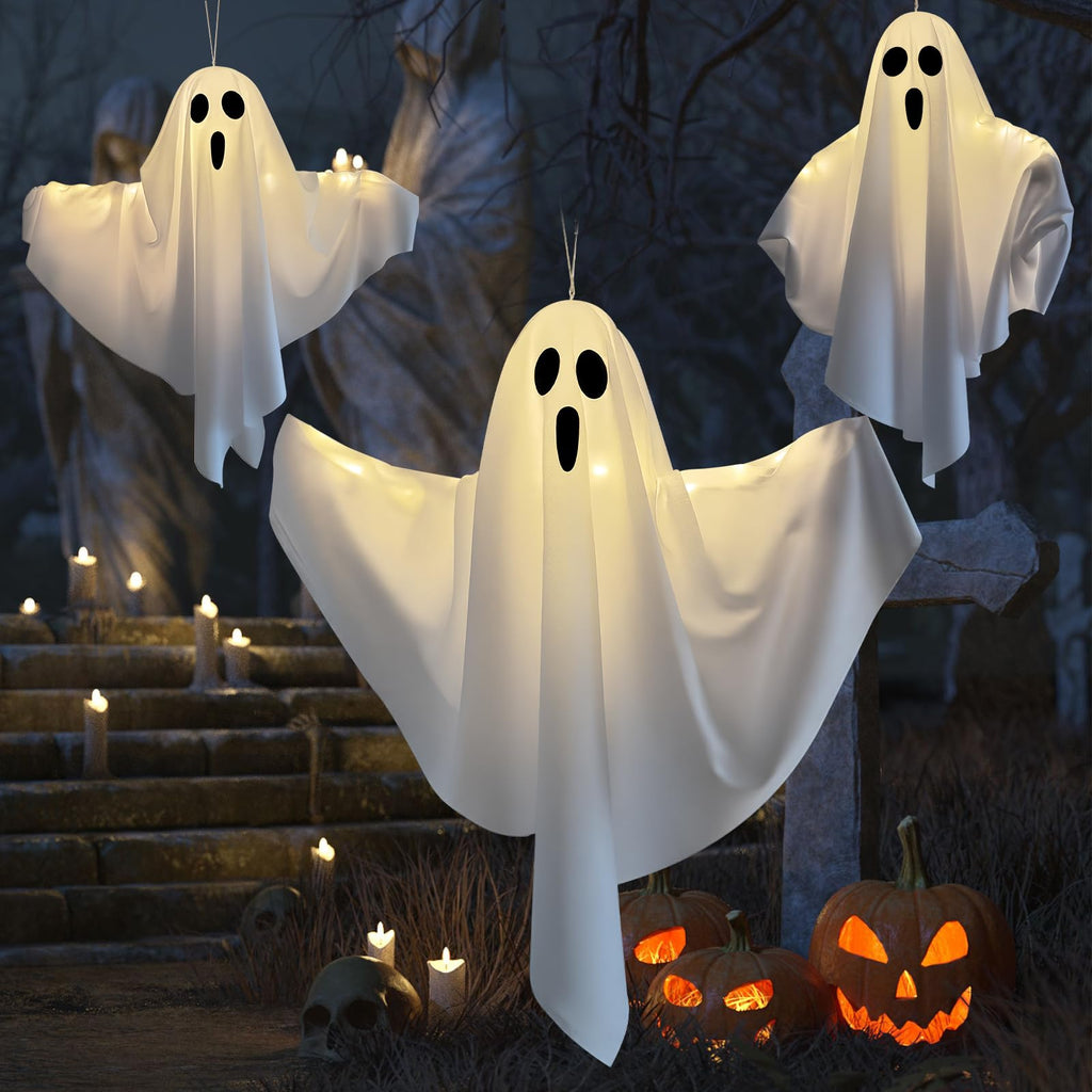 3 Pack Light Up Hanging Ghosts Halloween Decorations, 22.5" White Hanging Ghost Decor for Outdoor Yard Porch Patio Garden, Battery Operated Halloween Party Decorations