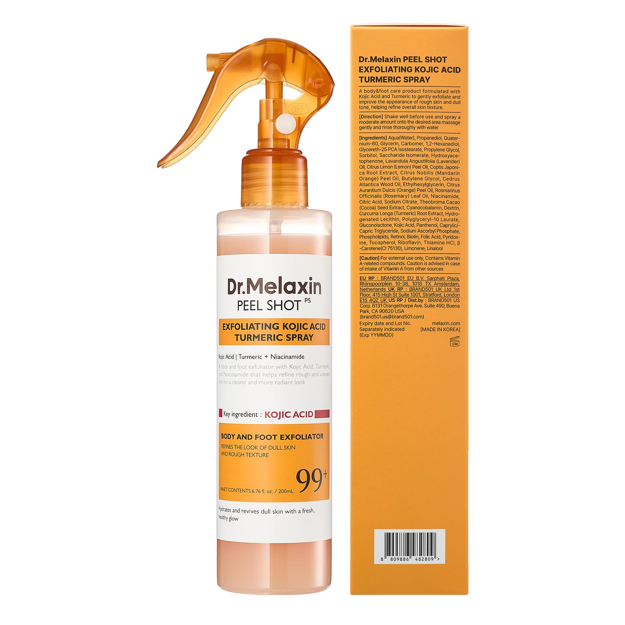 Dr.Melaxin Peel Shot Kojic Acid Turmeric Body Exfoliator Spray 6.76 fl.oz - AHA PHA Niacinamide Body Scrub for KP Bumps, Dark Spots, Uneven Skin Tone, Dead Skin, Korean Skin Care