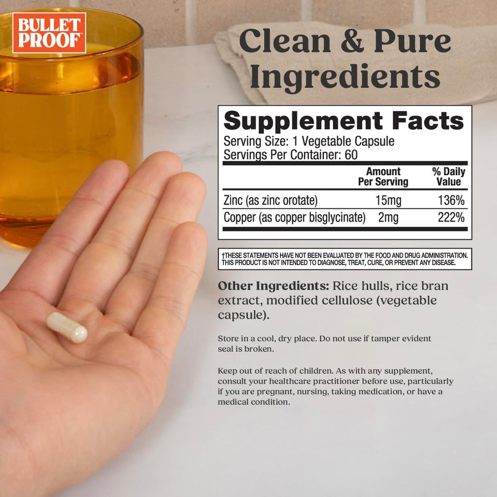 Bulletproof Zinc with Copper Capsules, 60 Count, Minerals and Antioxidant Supplement for Immunity and Mood | Minerals and Antioxidant Supplement for Immunity and Mood