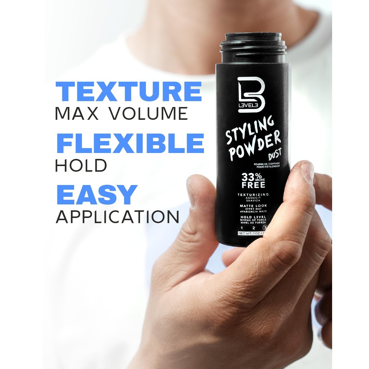 L3 Level 3 Hair Texture Powder for Men, Volume, Natural Look, 30 g | Styling powder, hair texturizer, non-greasy finish, buildable hold, easy application, small 30 g size