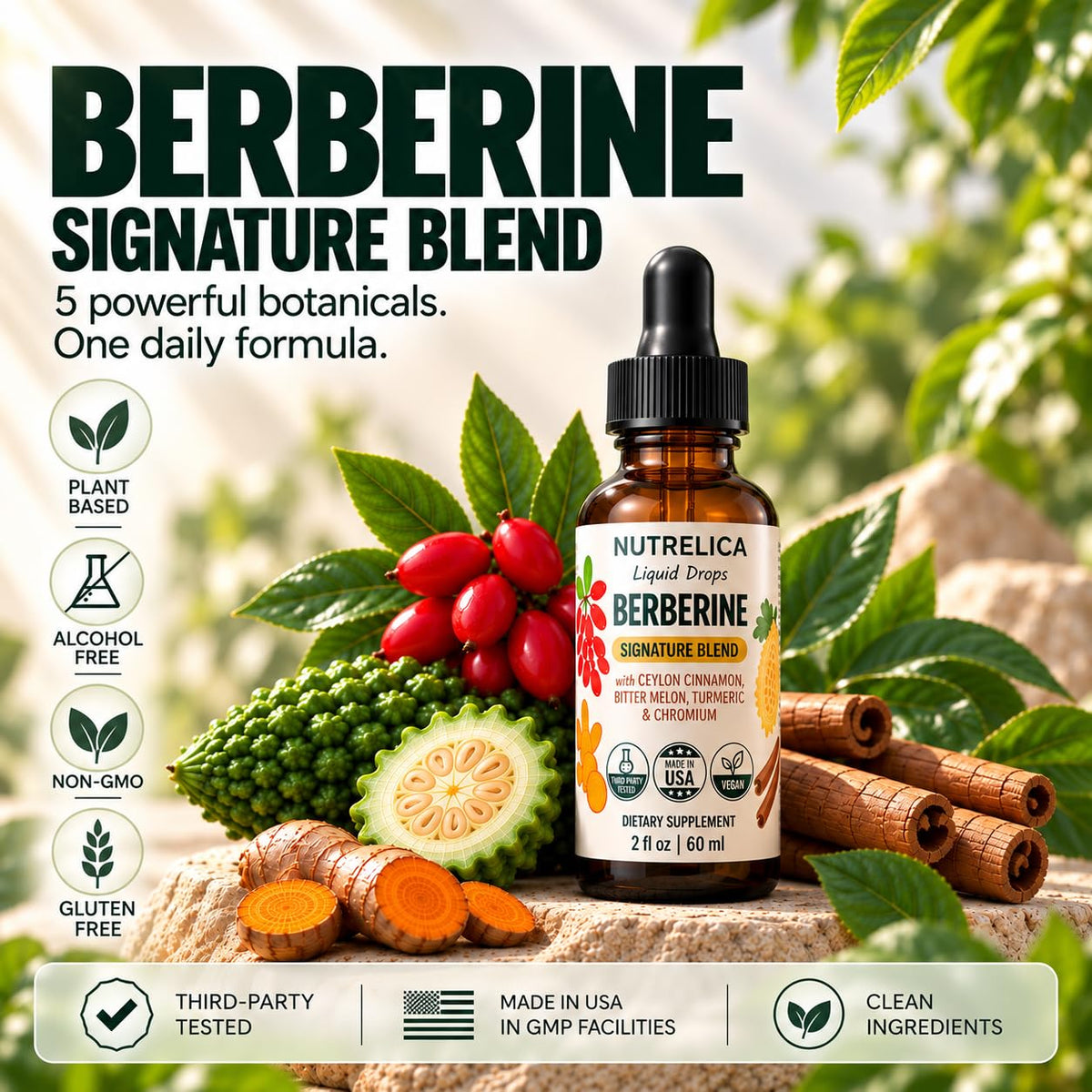 Berberine Complex with Ceylon Cinnamon, Bitter Melon, Turmeric & Chromium -1200mg - Liquid Herbal Supplement - Vegan, No Sugar, Non-GMO