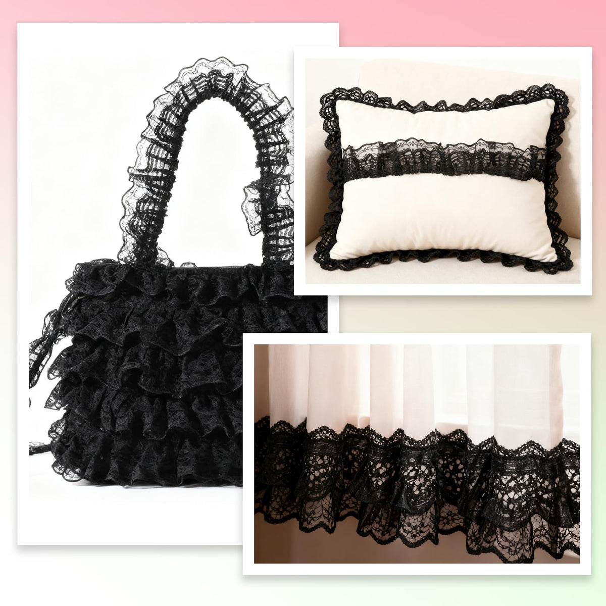 5 Yards Double Layer Ruffle Trim, 1.97 in Width Black Lace Ribbon, Vintage Lace Fabric Embroidered for Sewing, Clothes, Dresses, Craft, Bag, Gift Package, Wedding Decoration