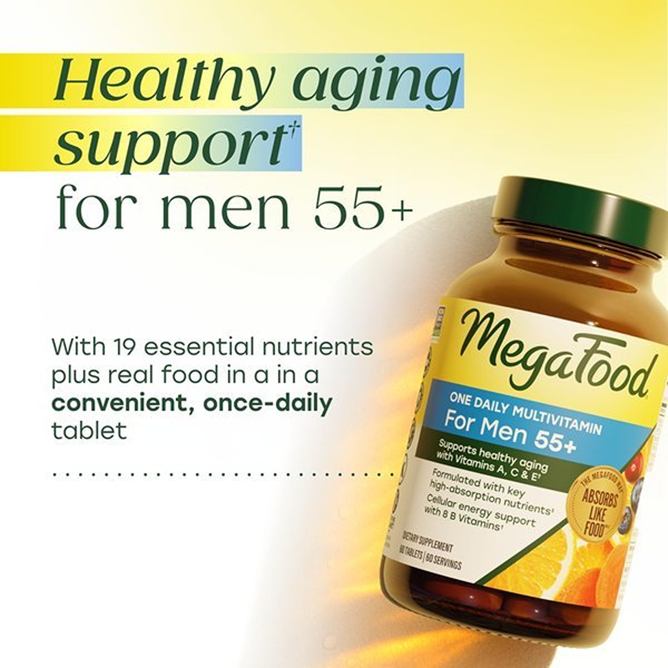 MegaFood One Daily Multivitamin for Men 55+ with 19 Nutrients, 60 Tablets | Supports Healthy Aging with Vitamin C, A, E, Cellular Energy Support with B Vitamins, D3 & Zinc, Vegetarian, 60 Servings