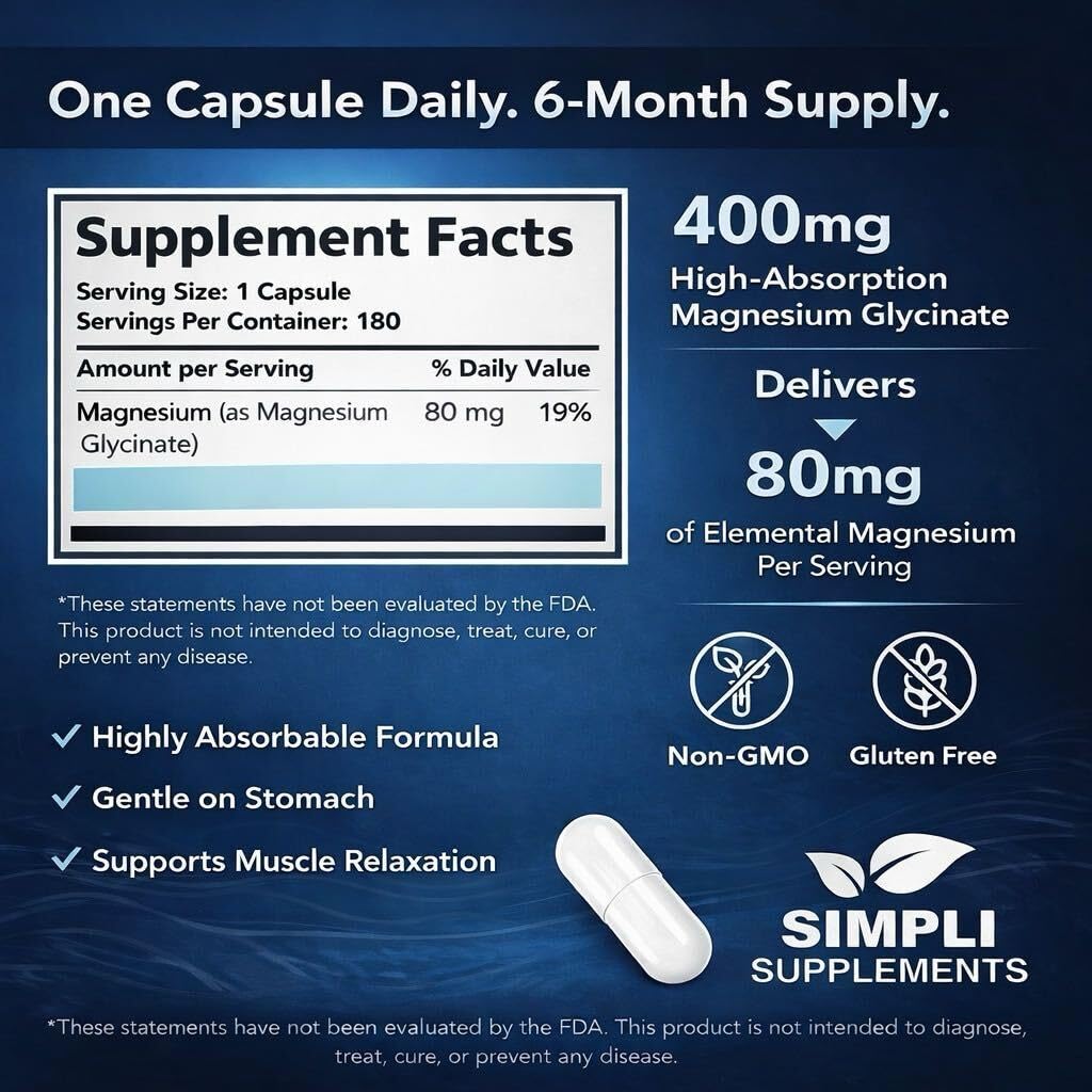 Magnesium Glycinate 400mg per Serving – High Absorption – Gentle on Stomach – Supports Sleep, Relaxation, Muscle, Bone & Immune Health – Non-GMO, Vegan, 180 Capsules