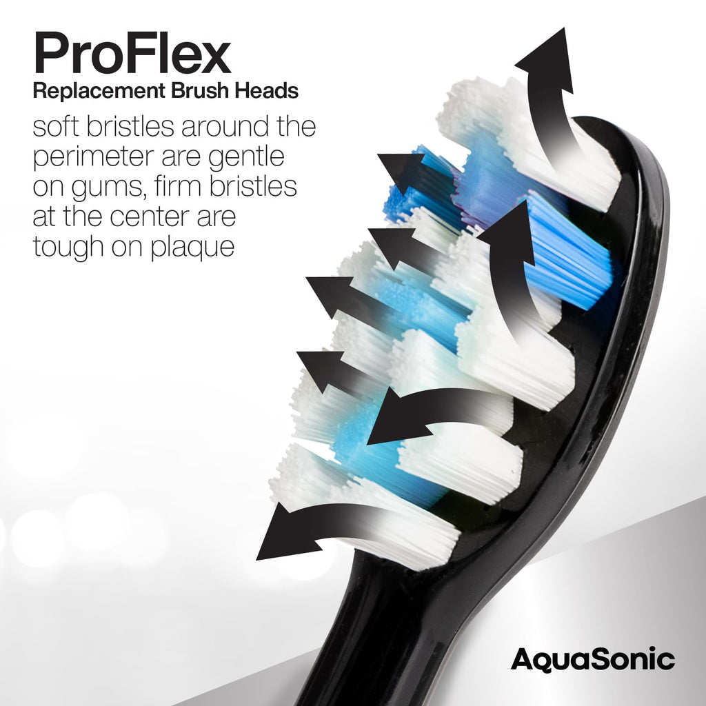 AquaSonic Genuine Proflex Replacement Brush Heads | ADA Accepted | for Whiter Teeth & Gum Care | Compatible with Duo Series PRO and Others (8 Pack Black & White)