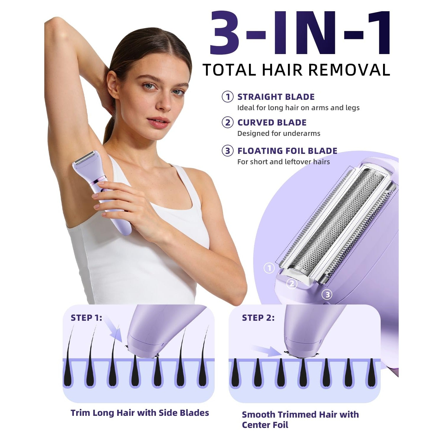 Ufree 3-in-1 Bikini Trimmer Electric Razors for Women, Gifts for Women | Ceramic Blade, IPX7 Waterproof, Lady Shaver, Travel Lock, for Face, Legs, Pubic Hair, Underarms, Body Hair Trimmer, Purple