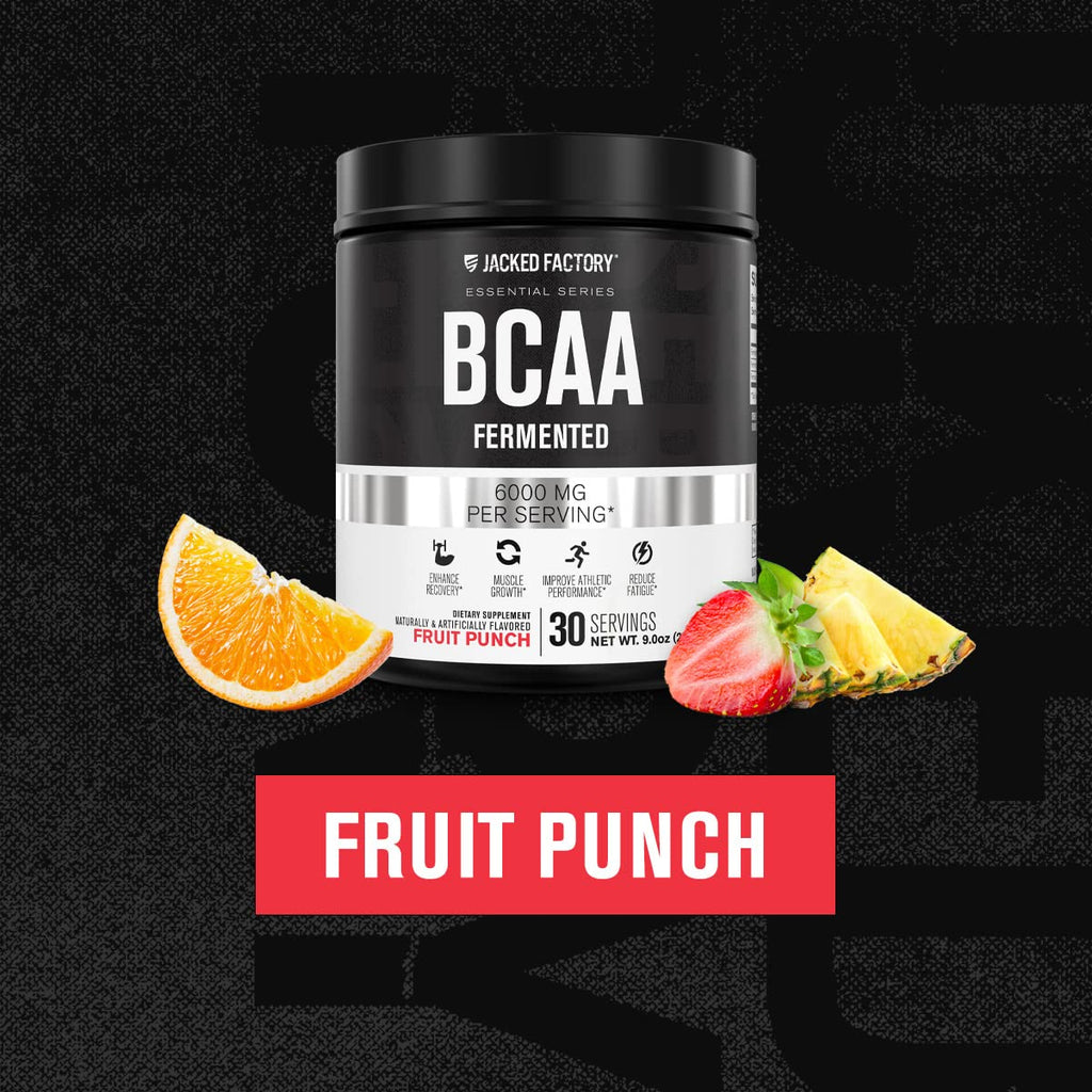 Jacked Factory BCAA Powder (Fermented) - 6g Branched Chain Essential Amino Acid Supplement for Improved Muscle Recovery, Reduced Fatigue, Increased Strength, Muscle Growth - 30 Servings, Fruit Punch