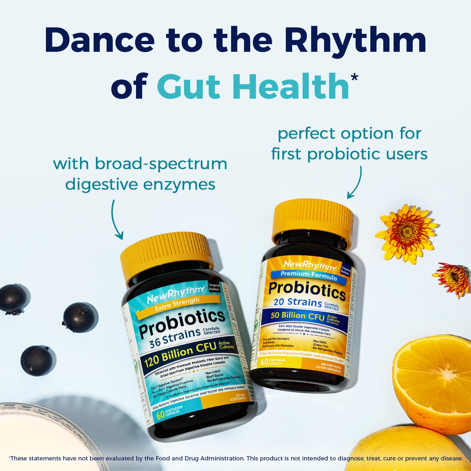 Probiotics 120 Billion CFU 36 Strains 3-in-1 with Prebiotics & Enzymes 60ct | NewRhythm Probioticos for Women & Men, Vegan Targeted Release Probiotic Supplement