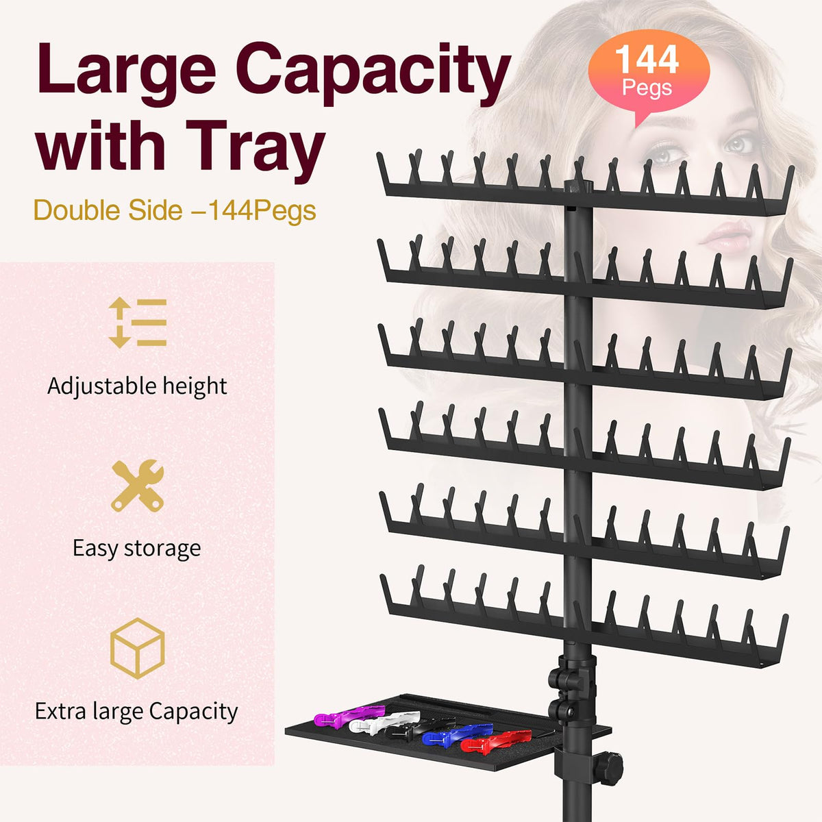 Hemndic Braiding Hair Rack with Tray, 2-sided 144 Pegs, Heavy Duty Braiding Rack Stand for Hair, Height Adjustable Standing Hair Extension Holder with Storage Bag & Braiding Accessories