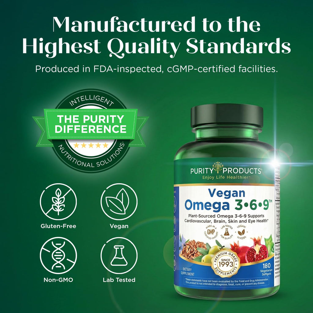 Purity Products Omega 3-6-9, "5 in 1 Vegan and Vegetarian Formula | Essential Fatty Acid Complex - Scientifically Formulated Plant-Based Omega 3 6 9 Essential Fatty Acids (EFA) - 60 Softgels