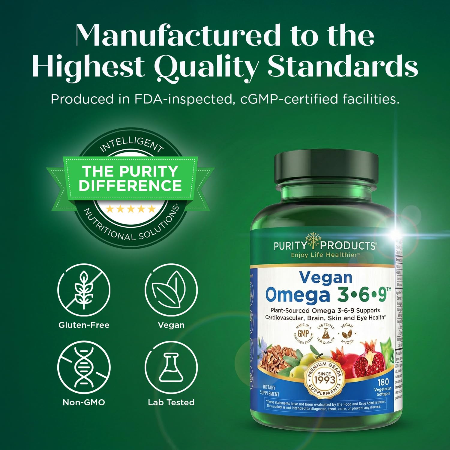 Purity Products Omega 3-6-9, "5 in 1 Vegan and Vegetarian Formula | Essential Fatty Acid Complex - Scientifically Formulated Plant-Based Omega 3 6 9 Essential Fatty Acids (EFA) - 60 Softgels