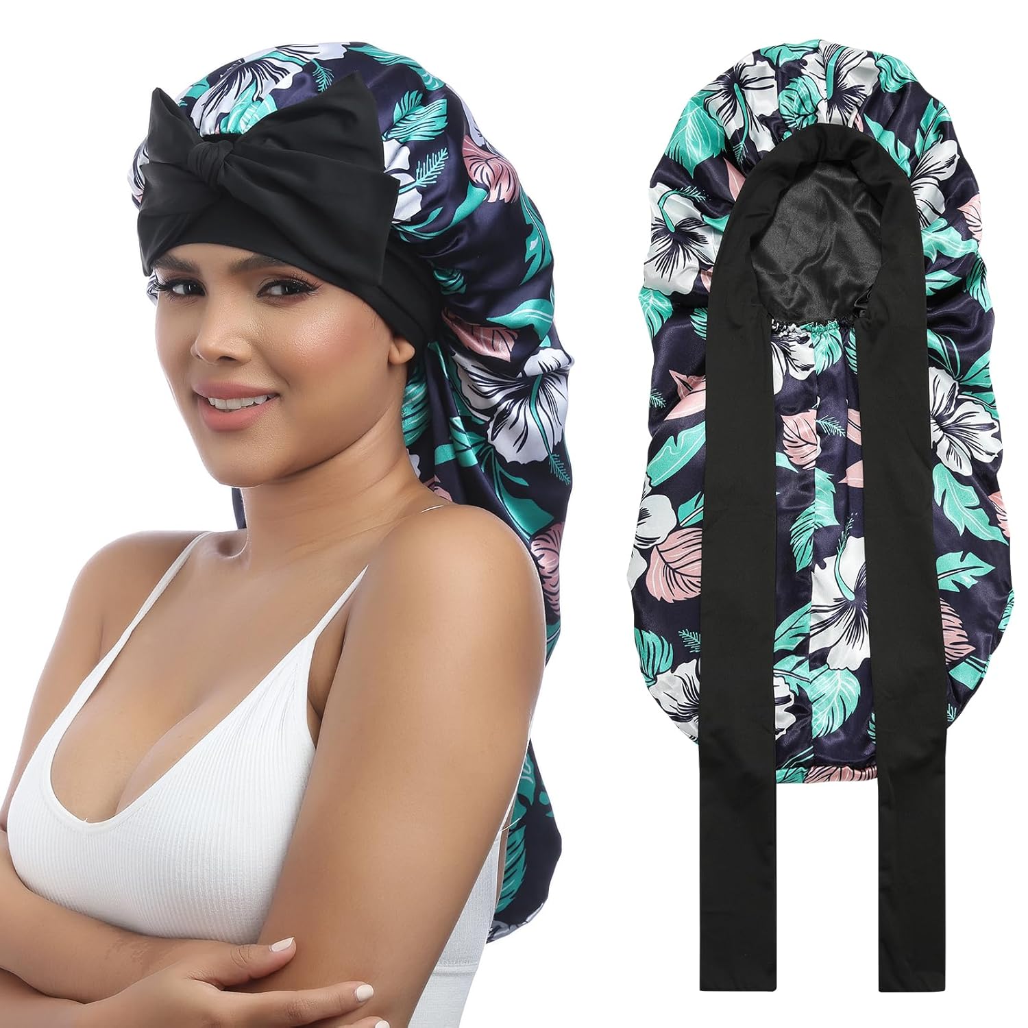 Buy now AWAYTR Long Satin Bonnet for Women - Double Layer Elastic Silk Bonnet for Braids Hair Sleeping Cap with Tie Band (Rose Gold) One Size Flower D at indiglob india