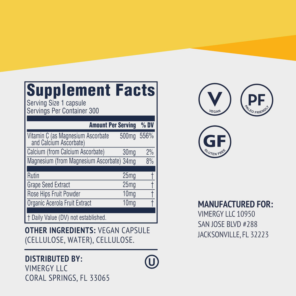 Vimergy Micro-C® Vitamin C Capsules 500mg, Vegan, 300 Servings, Value Size | Whole Body Immunity*, Equal to 7 Oranges, Promotes Collagen* and Healthy Bones*, Kosher, Vegan & Gluten-Free