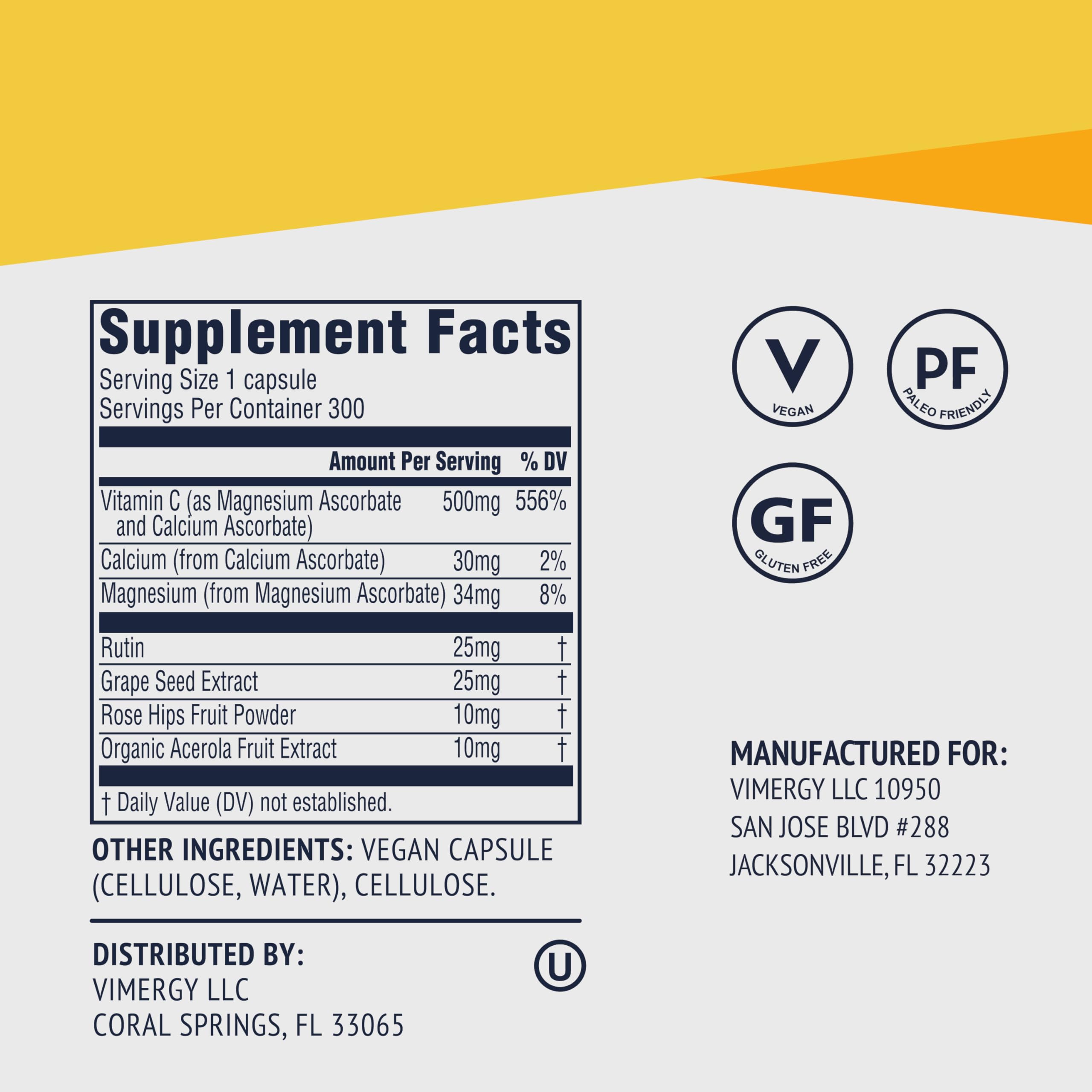 Vimergy Micro-C® Vitamin C Capsules 500mg, Vegan, 300 Servings, Value Size | Whole Body Immunity*, Equal to 7 Oranges, Promotes Collagen* and Healthy Bones*, Kosher, Vegan & Gluten-Free