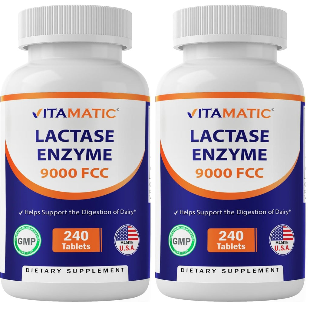 Vitamatic Lactase Enzyme 9000 FCC 240 Tablets - Lactose Intolerance Relief Caplets