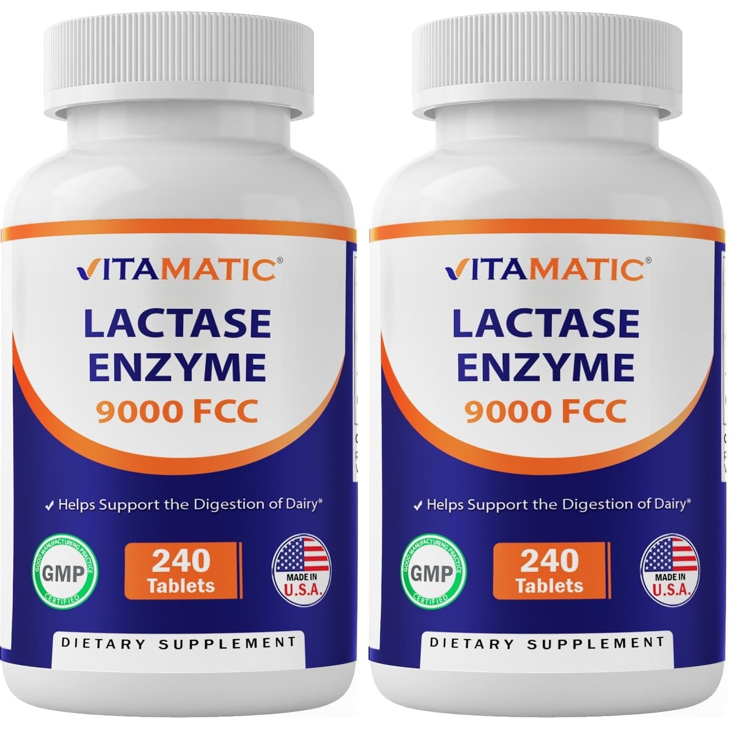 Vitamatic Lactase Enzyme 9000 FCC 240 Tablets - Lactose Intolerance Relief Caplets