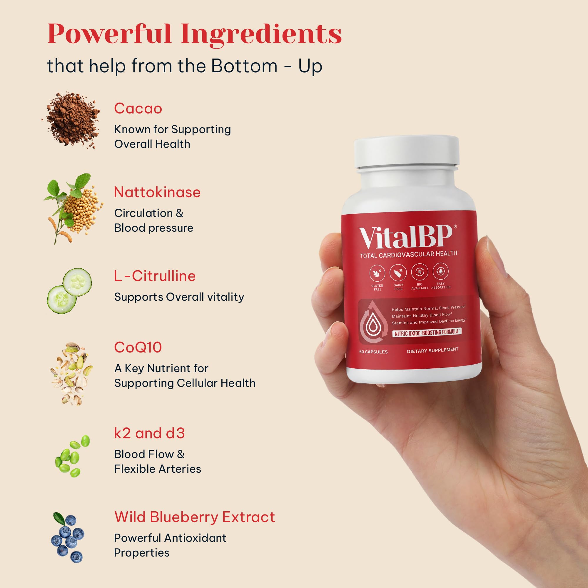 VitalBP Blood Pressure, Blood Flow & Artery Support, CoQ10, K2 & D3, 4 Pack | With L-citrulline to support normal blood pressure, blood flow & artery health.