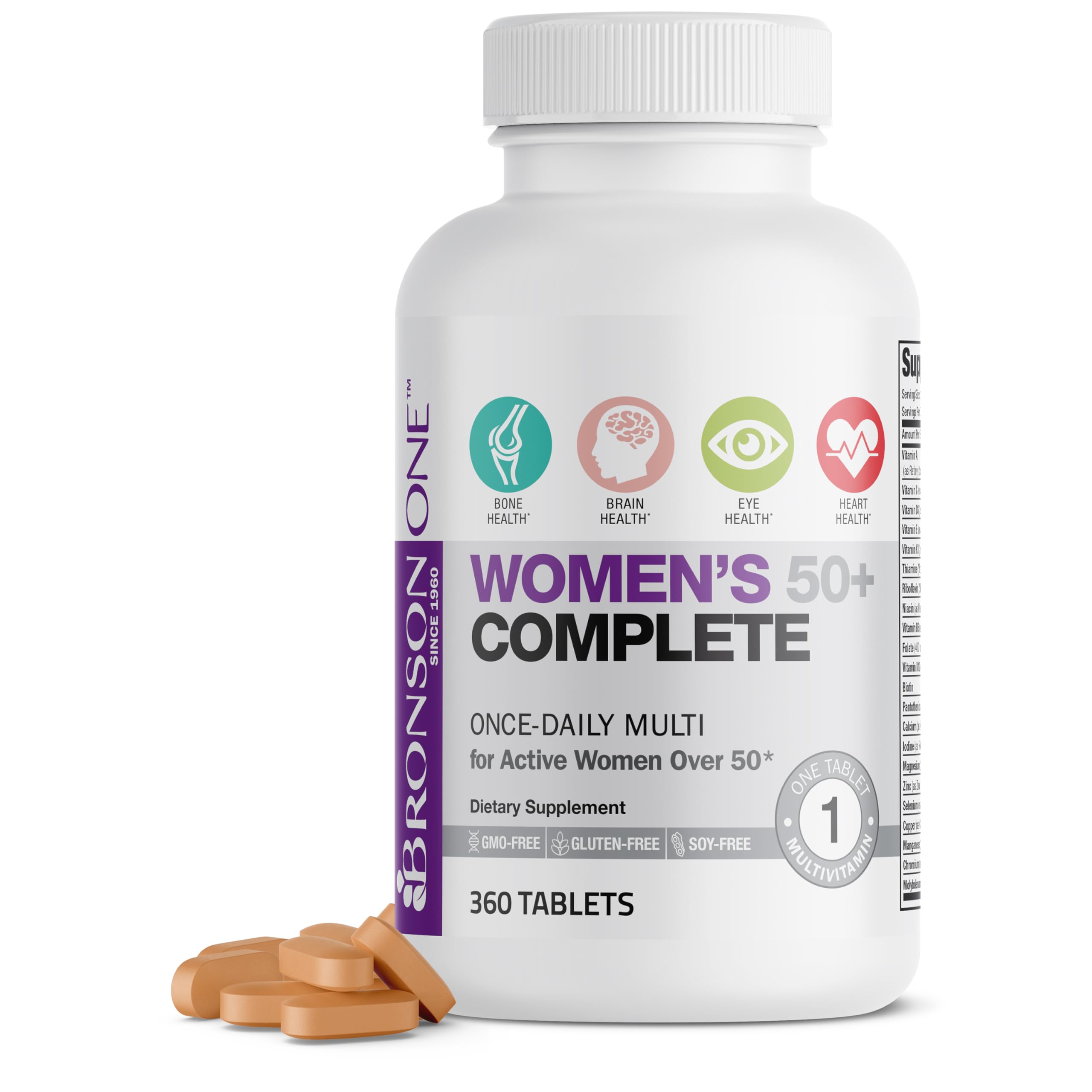 Bronson ONE Daily Women 50+ Complete Multivitamin Multimineral, 180 Tablets | Once-Daily, Targeted Nutrition For Active Women Over 50, Non-GMO, Gluten-Free, Soy-Free
