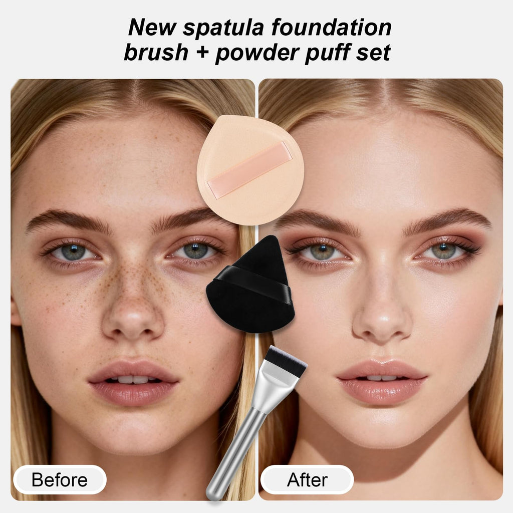 Flat Foundation Brush and Powder Puff Set, Korean Makeup Brush Teardrop Sponge for Liquid Foundation,Premium Face Makeup Brush Sponge for Blending Cream Setting Powder