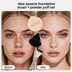 Flat Foundation Brush and Powder Puff Set, Korean Makeup Brush Teardrop Sponge for Liquid Foundation,Premium Face Makeup Brush Sponge for Blending Cream Setting Powder