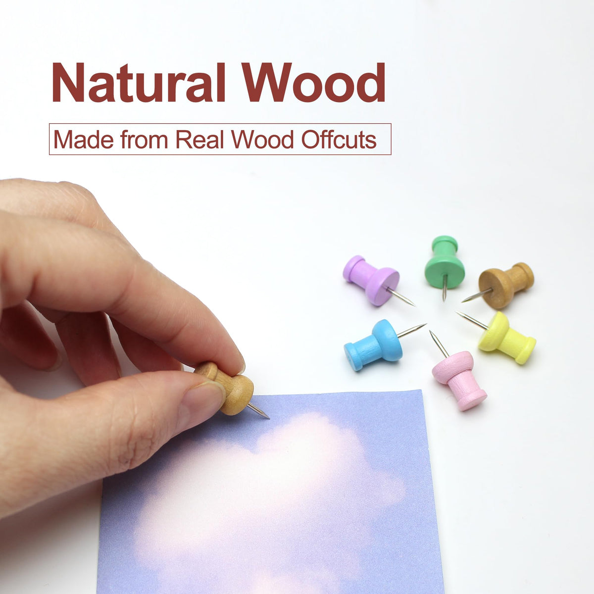 Colorful Wood Push Pins, Decorative Wooden Thumb Tacks for Cork Board and Bulletin Board, Map Pins for Wall, 60 Pieces