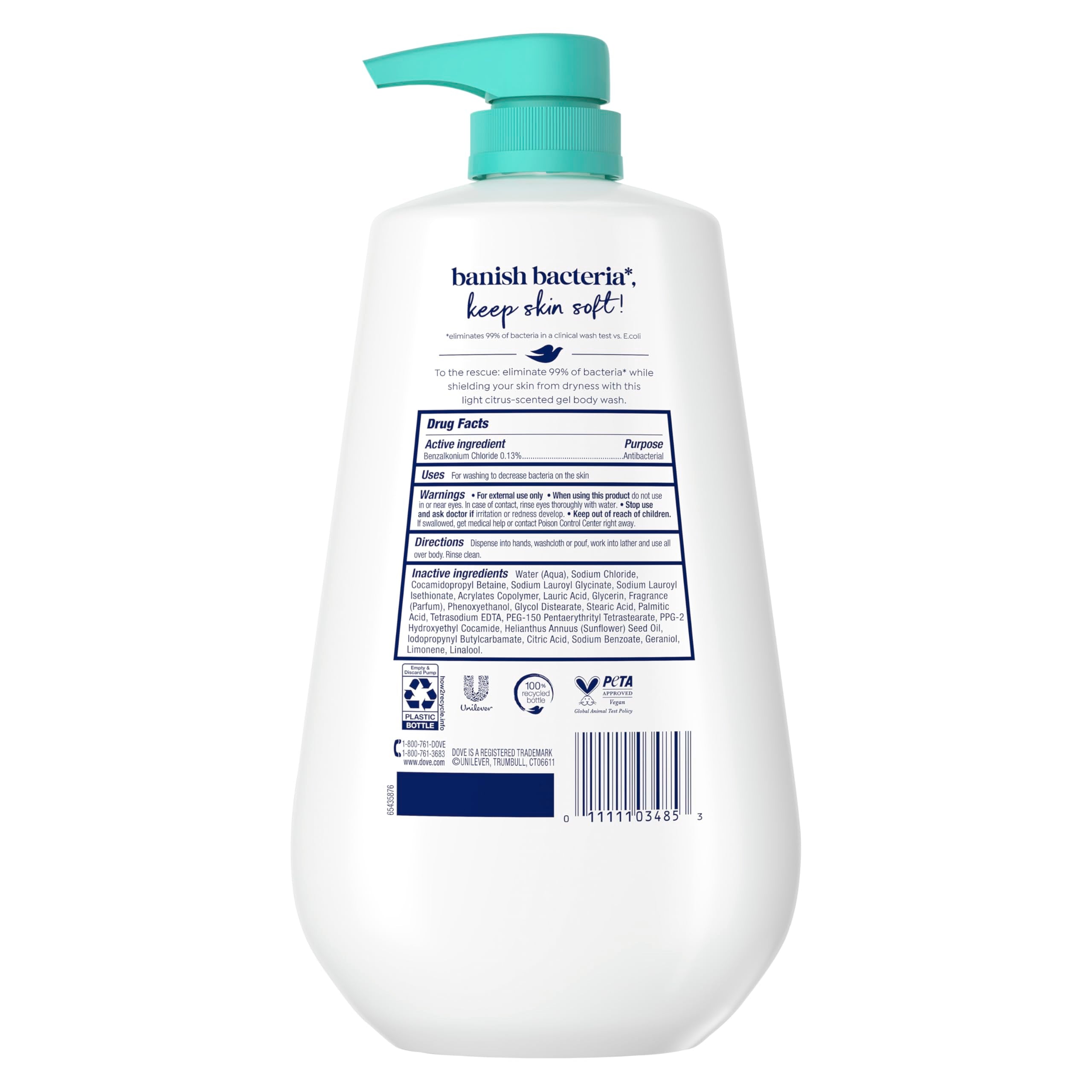 Dove 24hr Lotion Antibacterial Body Wash with Pump, 30.6 oz | Eliminates 99% of bacteria while helping protect skin from dryness and leaving skin soft