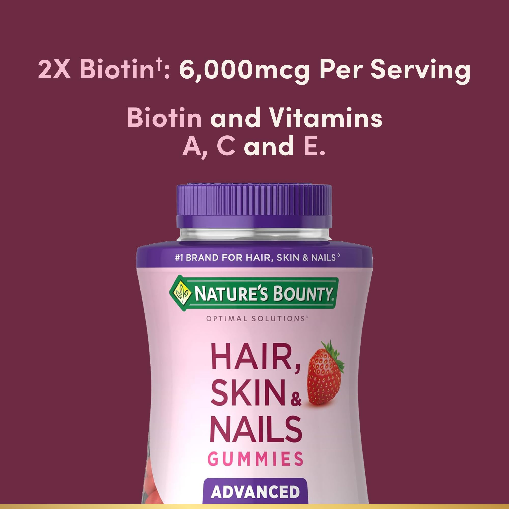 Nature's Bounty Optimal Solutions Advanced Hair, Skin, Nails, 2X Biotin | 80 Strawberry Gummies, 40 Total Servings