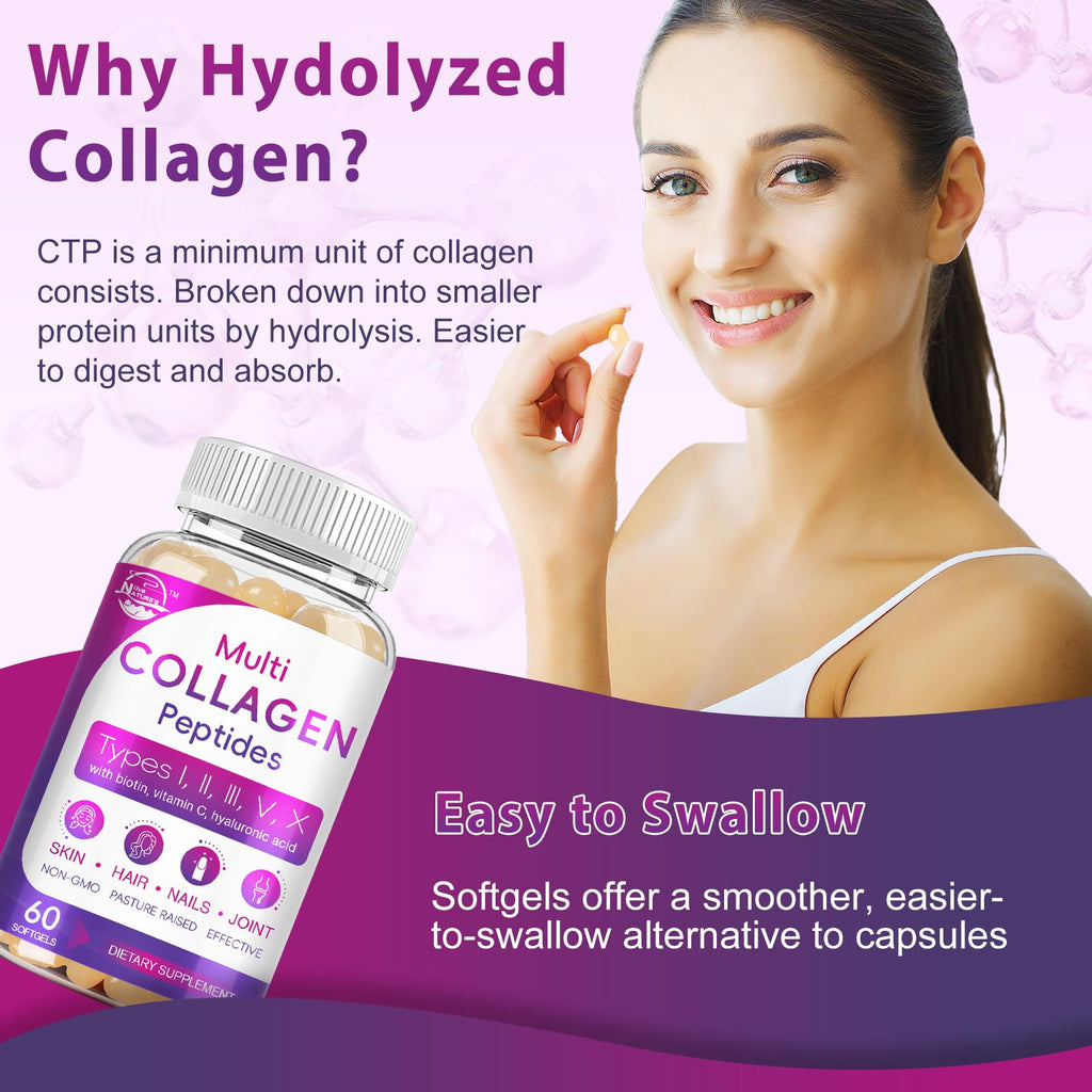 Nature's live Multi Collagen Peptides Softgel - Type I, II, III, V, X | Hydrolyzed Collagen Peptides with Biotin, Hyaluronic Acid, Supports Skin Hair Nail, Grass-Fed, 60 Softgels, 2 Pack