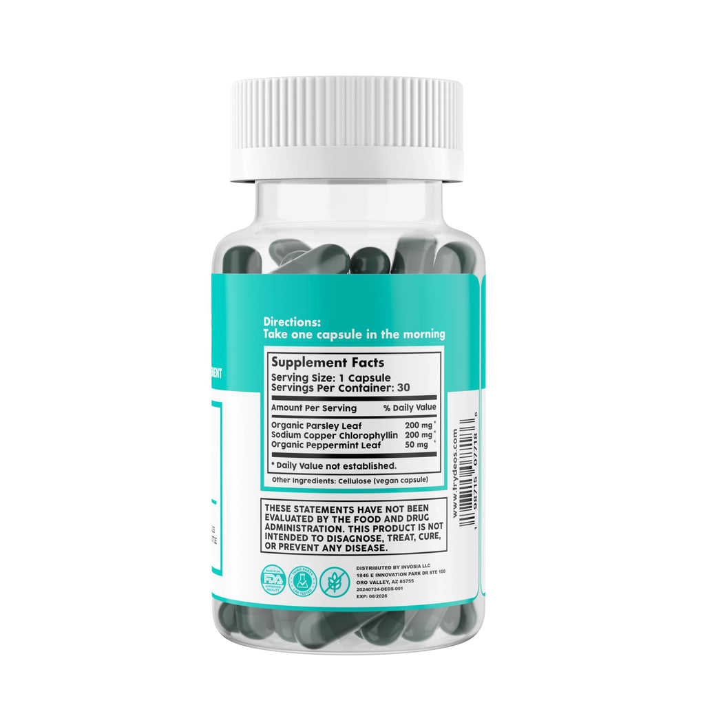 DEOS® Internal Deodorant Supplement [Natural Odor Control] Capsules 30 Pcs | Full Body Deodorizing Capsules for Gut and Skin Health - Supports Detox & Digestion - Chlorophyll, Mint & Parsley Pills
