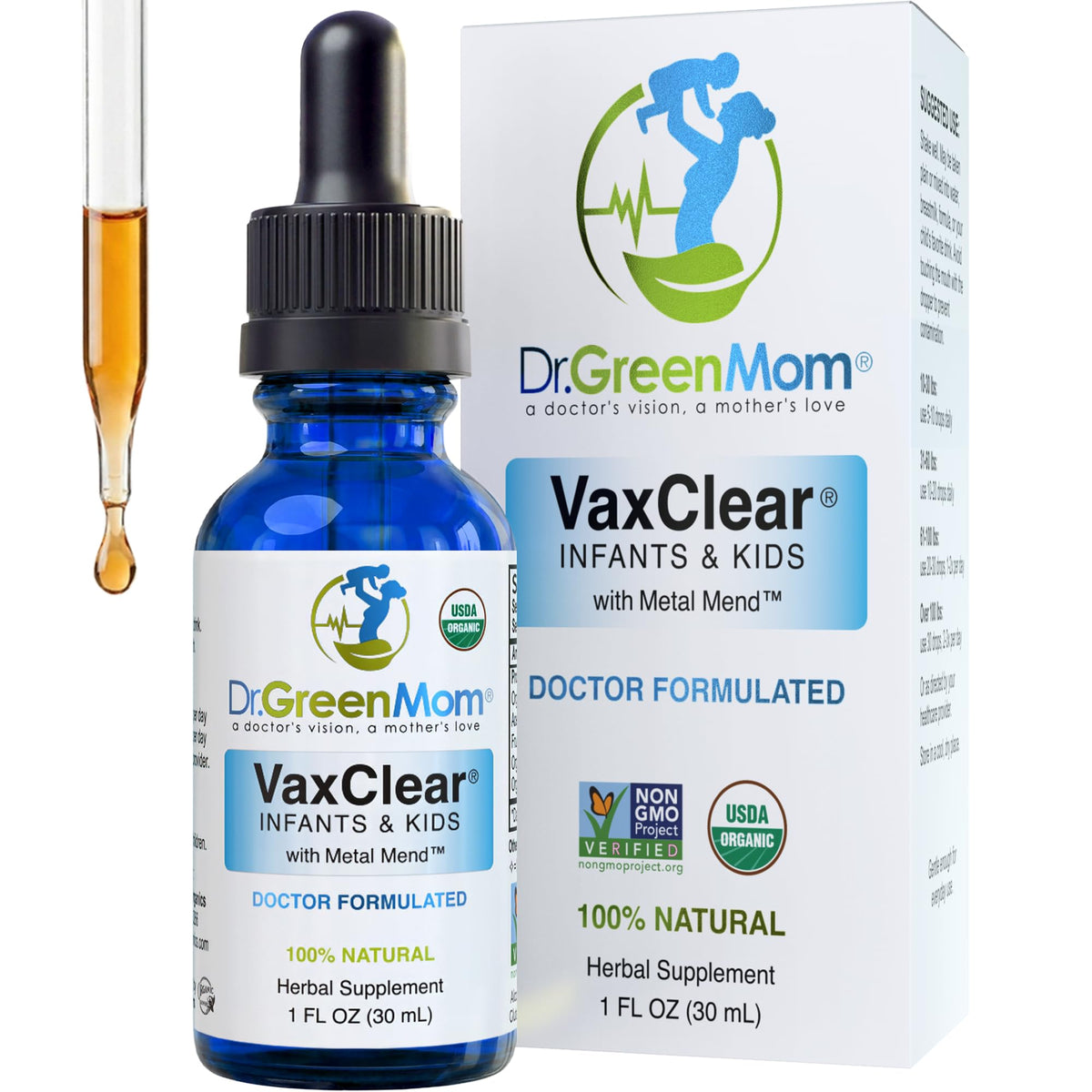 Dr. Green Mom Organic VaxClear with Metal Mend, Herbal Heavy Metal Detox Drops for Kids and Infants with Chlorella, Turmeric, Cilantro and Milk Thistle to Cleanse and Support Immune Response