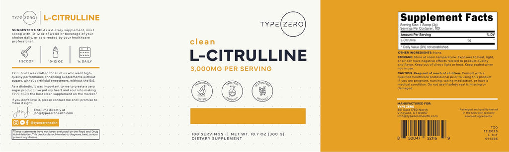 Type Zero L-Citrulline Powder, 3000mg Pump Pre Workout, 100 Servings