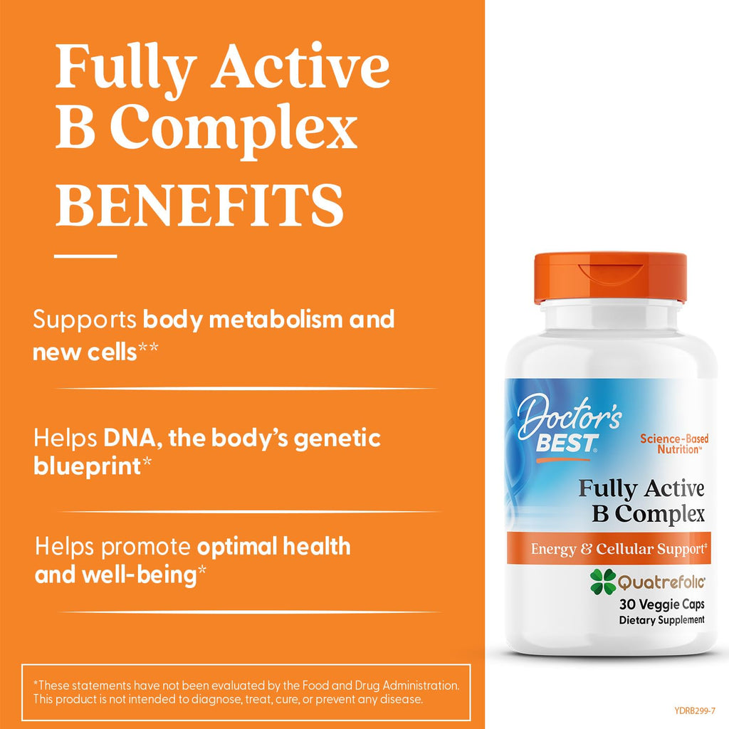 Doctor's Best Fully Active Vitamin B Complex Supplement for Men & Women - Super Complex with Methylated B12 & Folate, B6, Biotin, Pantothenic Acid, & More, Energy Support Caps - 30 Veggie Capsules