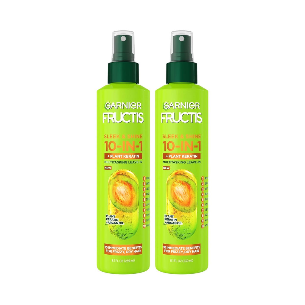 Garnier Fructis Sleek & Shine 10-in-1 Leave In Conditioner Spray for Dry, Frizzy Hair, Heat Protectant Up to 450F with Argan Oil & Plant Keratin, Provides Flyaway and Frizz Control, 8.1 Fl Oz