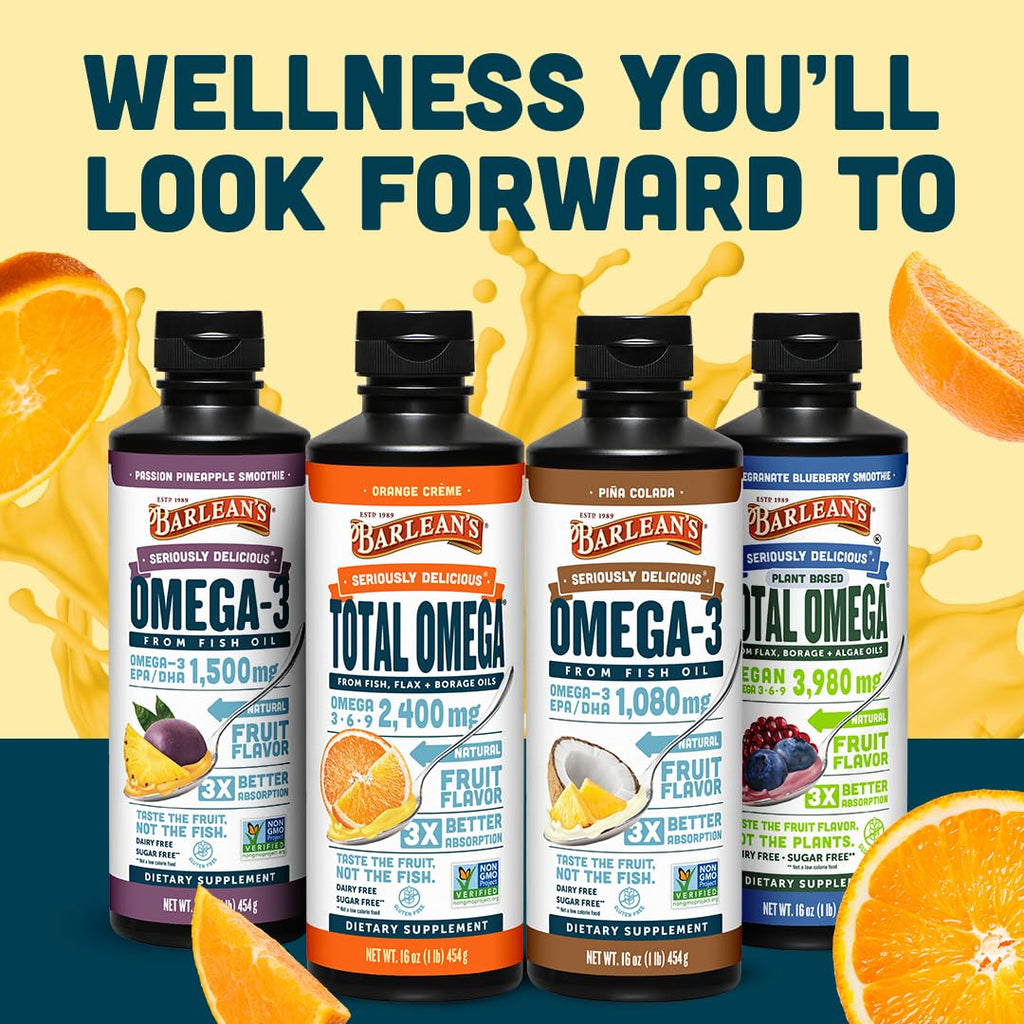 Barlean's Orange Creme Omega 3-6-9 Liquid Fish Oil, 2400mg Omegas,16oz | Fish, borage & flax oils, EPA DHA ALA GLA omegas, Burpless, Non-GMO, Gluten-free, Heart, joint & skin support