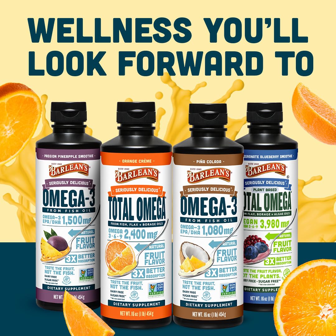 Barlean's Orange Creme Omega 3-6-9 Liquid Fish Oil, 2400mg Omegas,16oz | Fish, borage & flax oils, EPA DHA ALA GLA omegas, Burpless, Non-GMO, Gluten-free, Heart, joint & skin support