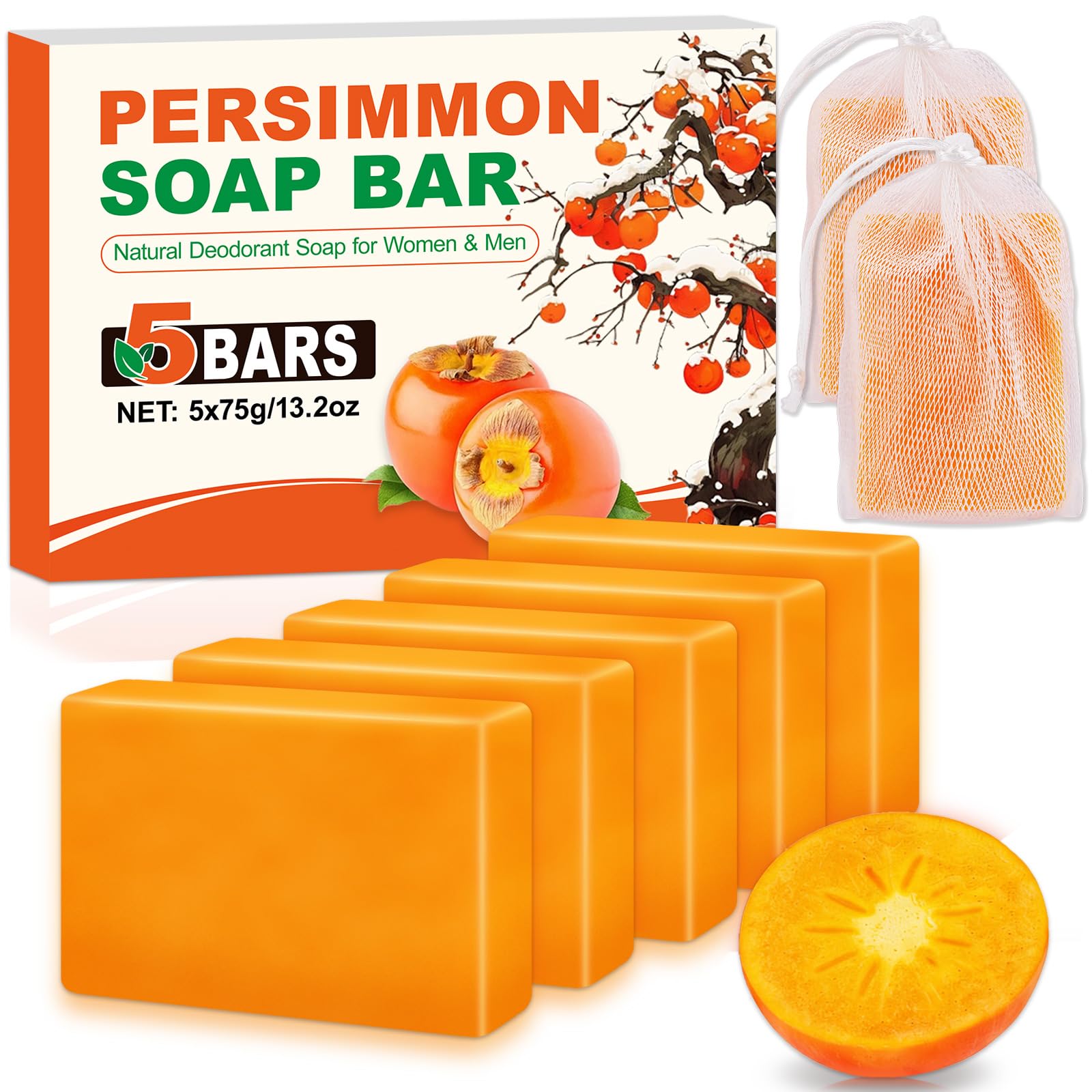 5 Pcs Persimmon Soap for Old People Smell, Persimmon Soap Bar for Body Odor Control, Natural Organic Deodorant Body Wash Soap for Women & Men