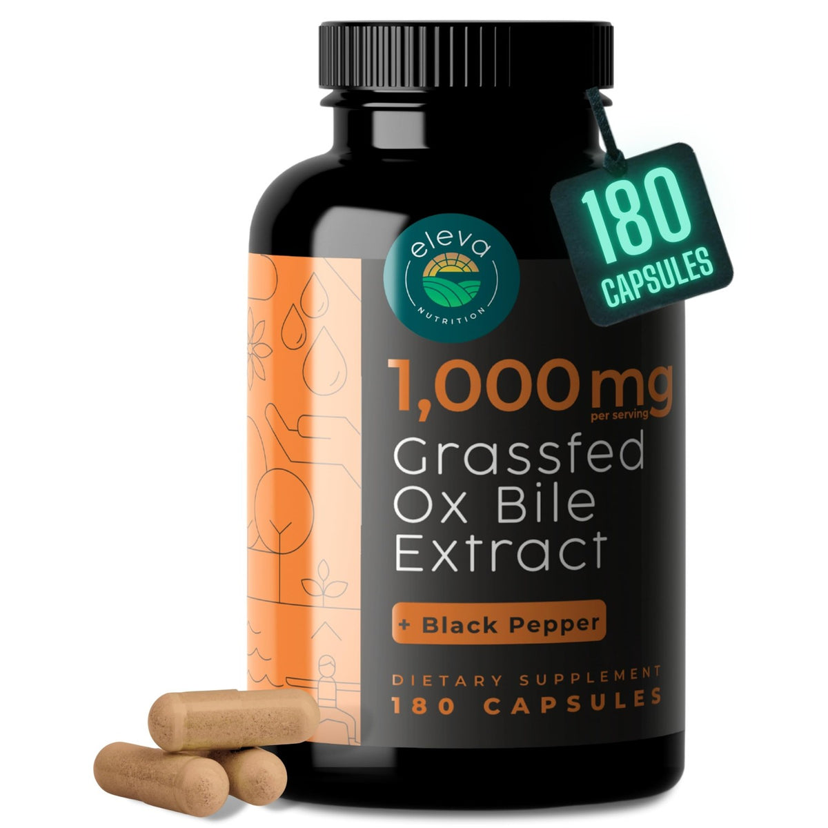 Grass-Fed Ox Bile 1000mg Extract - Digestive Enzymes Support - Ox Bile Salts for No Gallbladder - Supplements with Black Pepper - Supports Digestive Health - Bovine Salts Supplement - 180 Count