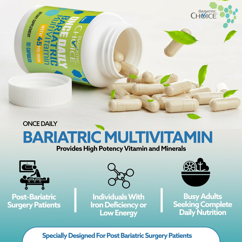 Bariatric Choice Once Daily Bariatric Multivitamin with Iron 45mg, 3 Months | 3-Mo Supply, Once Daily Easy-to-Swallow Capsule for Gastric Bypass & Sleeve Patients – High Potency Vitamins A, D, B12, More