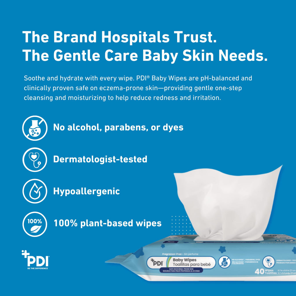PDI Baby Wipes, Hypoallergenic, Eczema Safe, Fragrance Free, Plant-Based Wipes, 1-Pack, 40 Wipes per Pack, 8.0 x 6.7 in