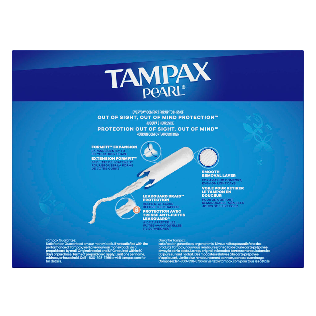 Tampax Pearl Tampons Multipack, with LeakGuard Braid, Super/Super Plus/Ultra Absorbency, Up to 100% Leak and Odor Free Protection, Unscented, 45 Count