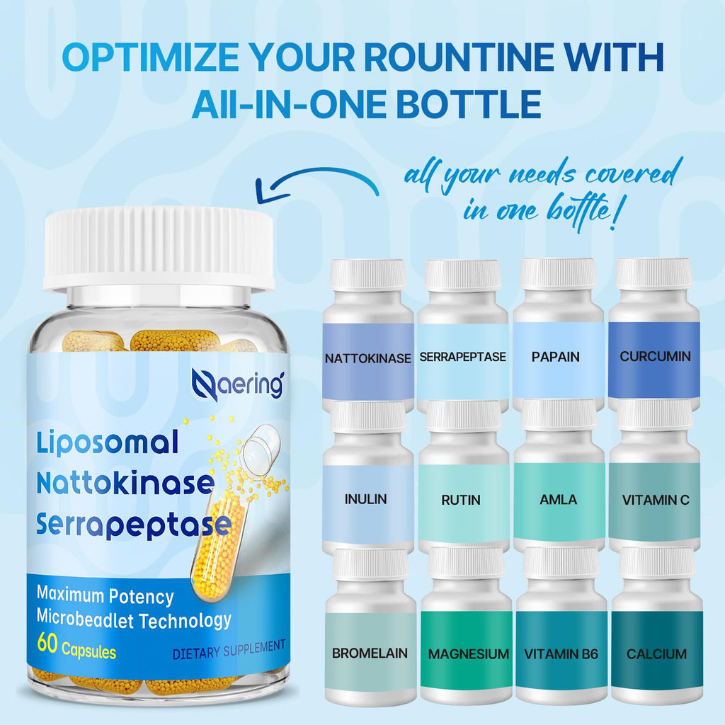 Liposomal Nattokinase 12,000 FU Serrapeptase 360,000 SPU Enzyme Supplement | Enriched with Synergistic Enzymes and Nutrient Blend & Inulin for Circulatory, Gut, Digestion 60 Capsules (2 Bottle)