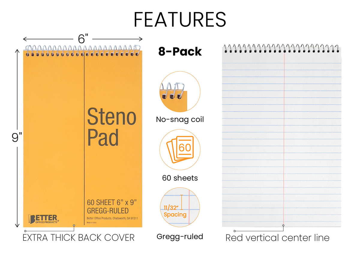Better Office Products Spiral Steno Pads, 8 Pack, 6 x 9 inches, 60 Sheets, White Paper, Gregg Rule, Natural Board Cover, 8 Steno Notebooks