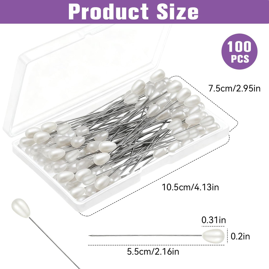 White Teardrop Corsage Pins, Pearl Pins, Boutonniere Pins for Women Wedding, Long Sewing Pins for Jewelry DIY, Bridal Bouquet & Floral Decoration, Sewing Crafts, Accessories (100 Pcs, 1 Box)