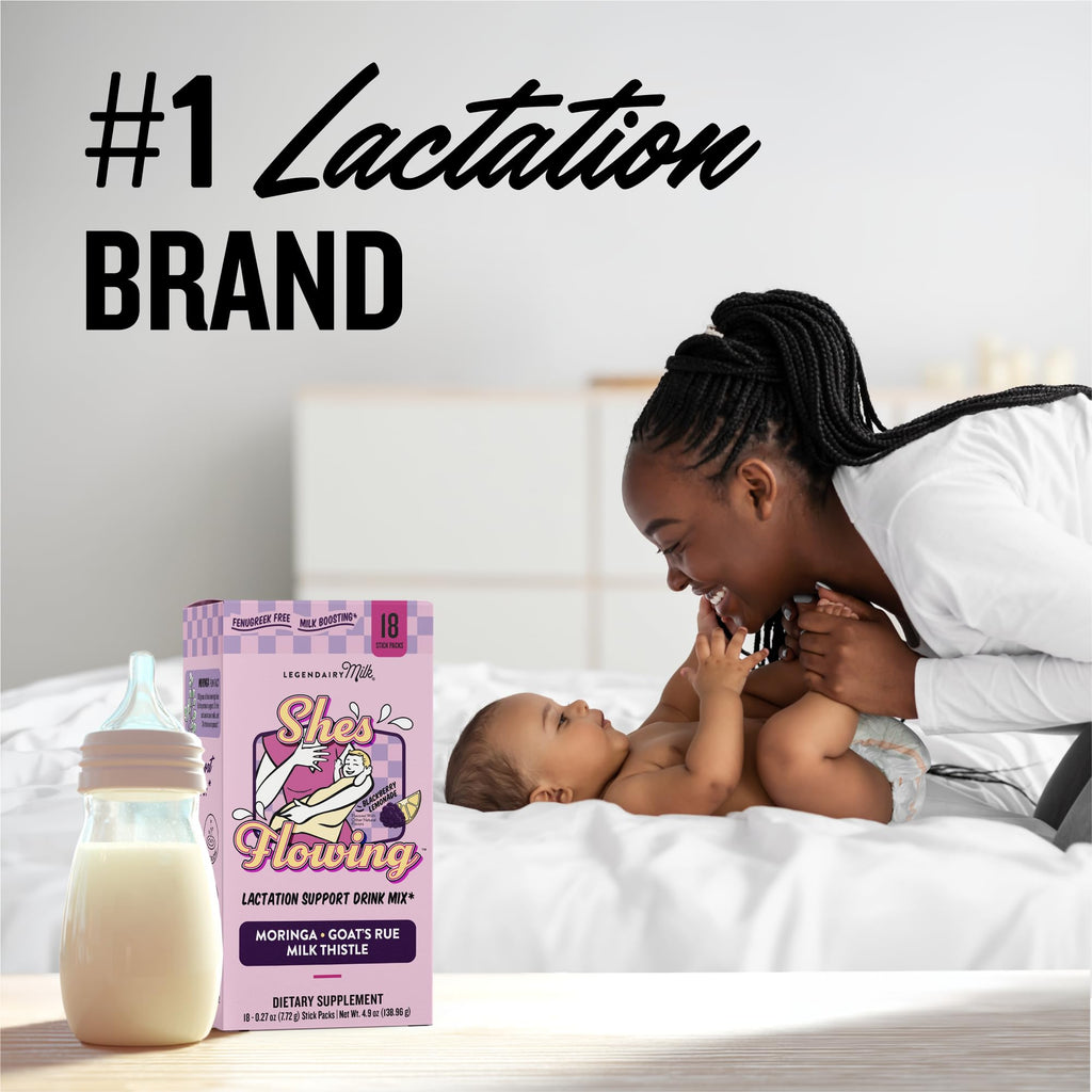 Legendairy Milk She's Flowing Lactation Hydration Mix, 18 Stick Packs | Blackberry Lemonade Electrolyte Sticks with Coconut Water, Moringa and Milk Thistle, Fenugreek-Free Postpartum Hydration