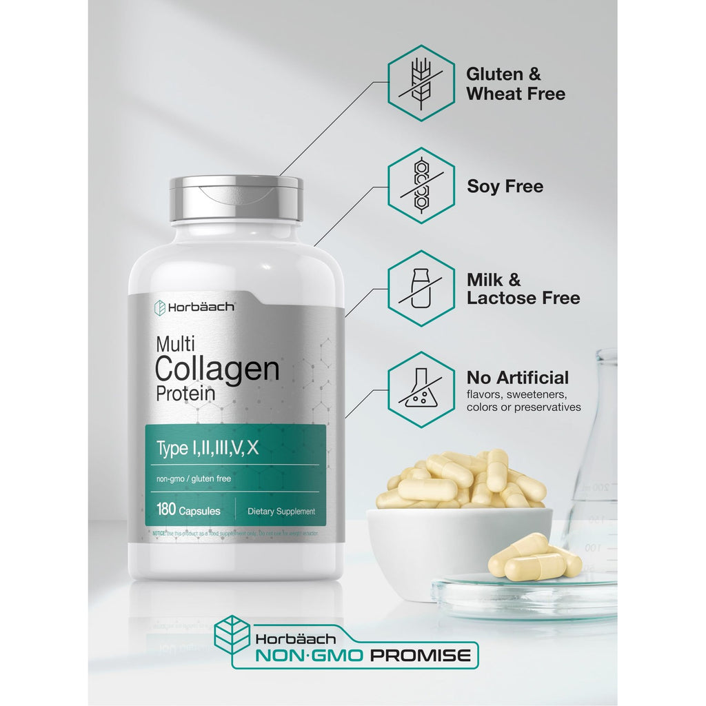 Horbäach Multi Collagen Protein 2000 mg | 180 Capsules | Type I, II, III, V, X | Keto & Paleo Friendly | Non-GMO, Gluten Free Supplement