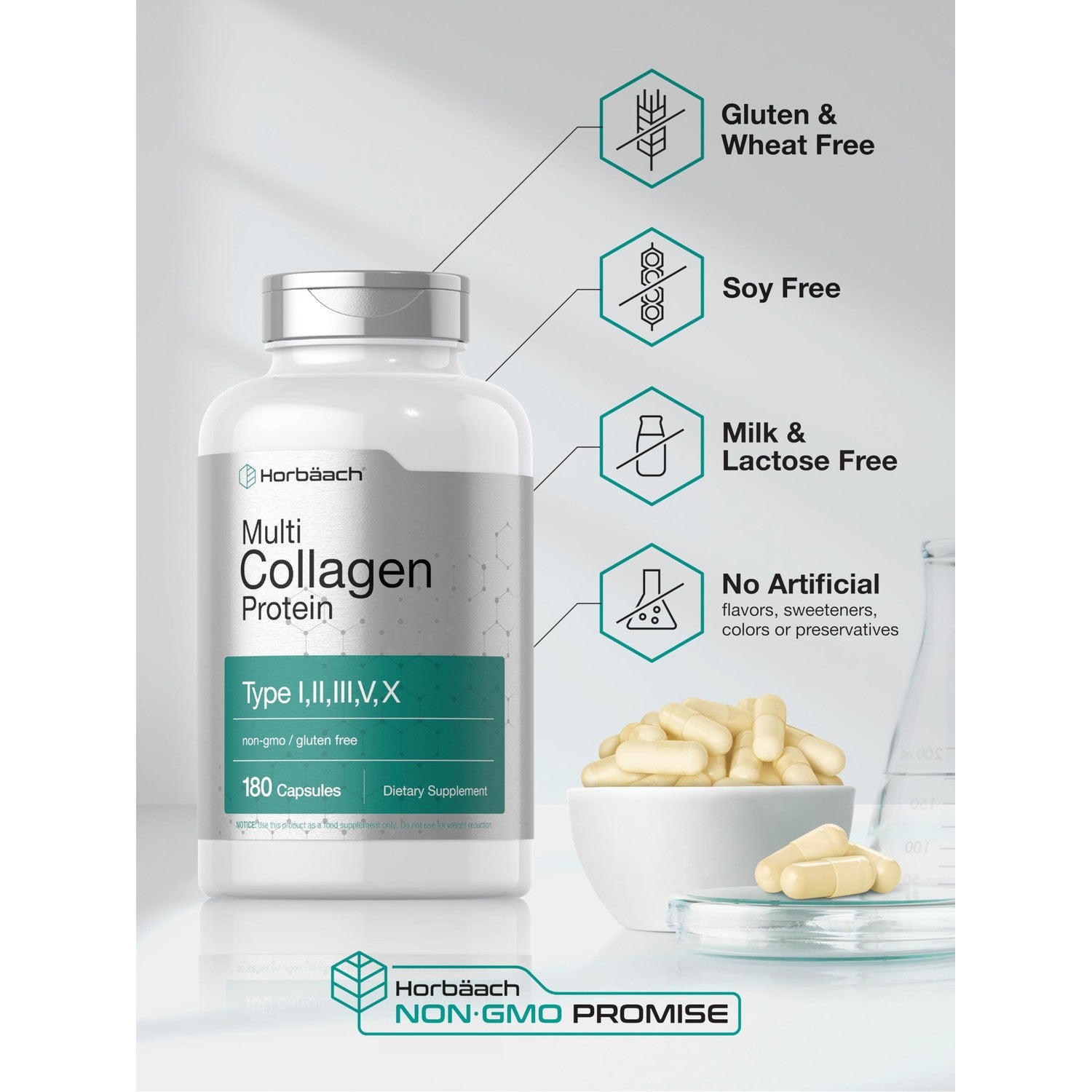 Horbäach Multi Collagen Protein 2000 mg | 180 Capsules | Type I, II, III, V, X | Keto & Paleo Friendly | Non-GMO, Gluten Free Supplement