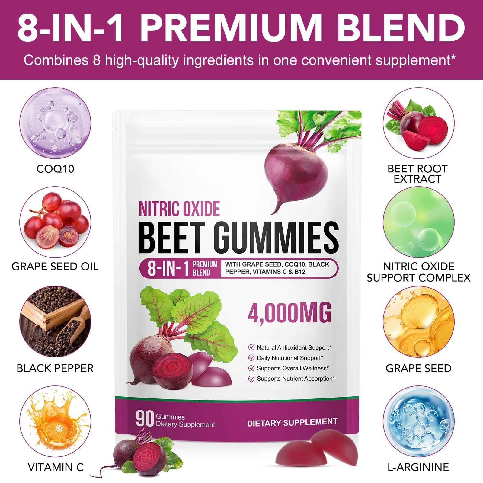 Super Beetroot Gummies, 8 in 1 Beet Root 4,000mg with Grape Seed Extract & CoQ10, Sugar Free - 90 Count (1)