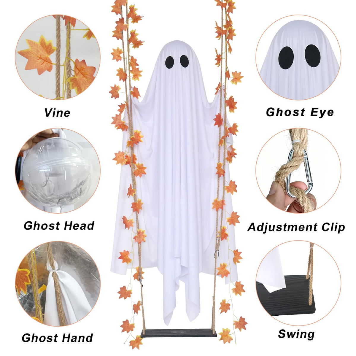 4.4 FT Swinging Ghost Halloween Decor - Outdoor Indoor Halloween Decorations with Ghost on A Swing for Outside Garden Yard Porch Tree, Hanging Large Spooky Cute Ghosts with String Lights for Party