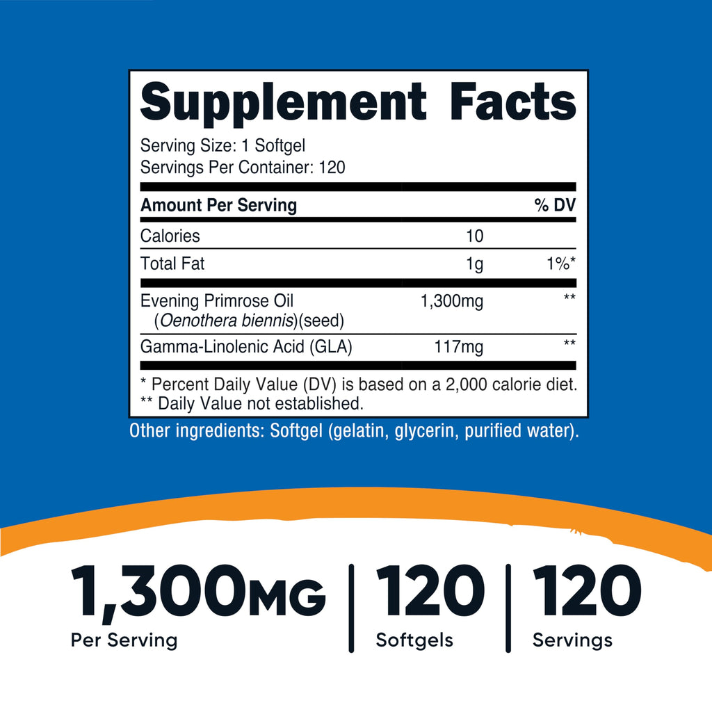 Nutricost Evening Primrose Oil 1,300mg, 120 Softgels, Cold Pressed | GMO-Free, Gluten Free, 120 Servings