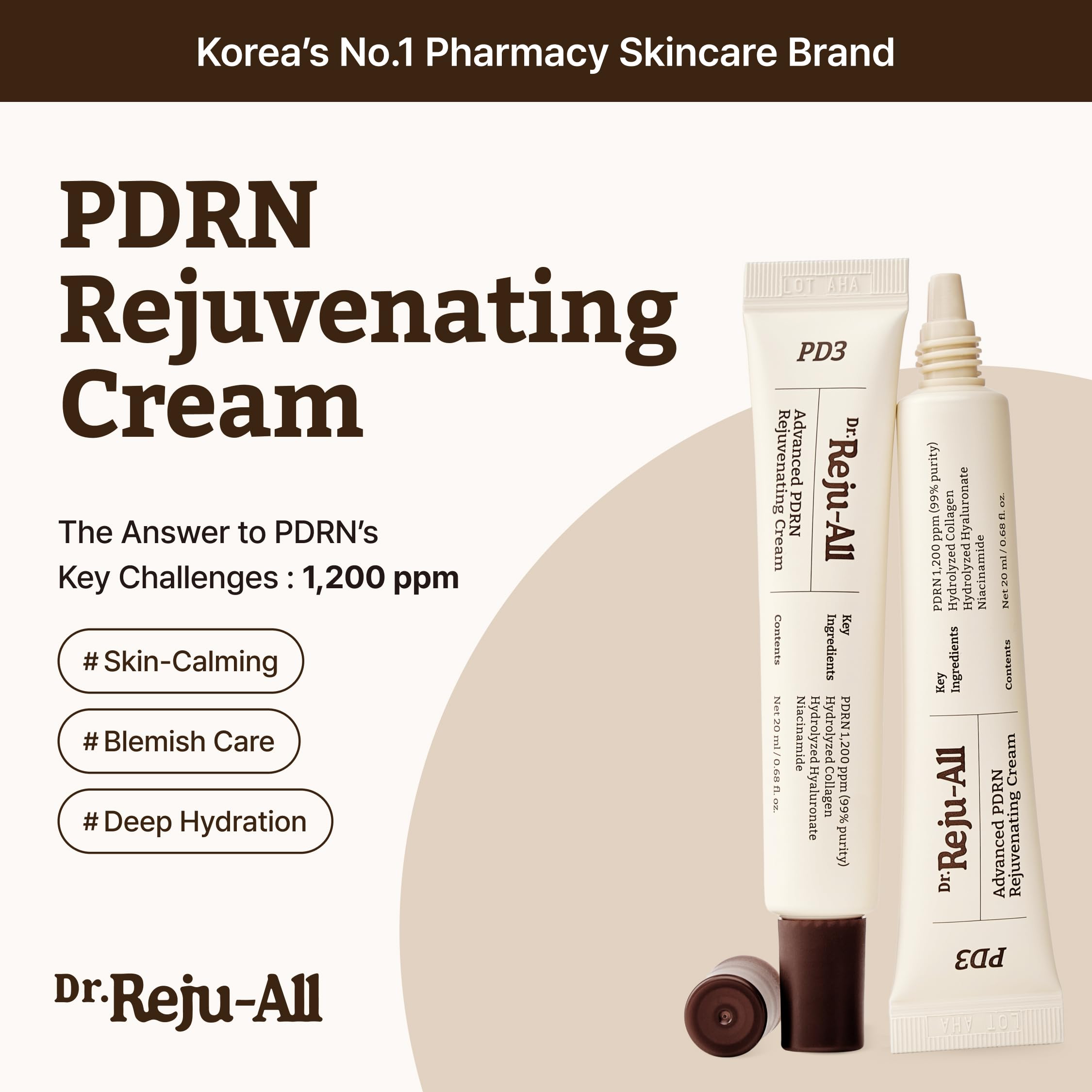 Dr.Reju-All Advanced PDRN Rejuvenating Cream 0.7 Fl Oz | 99% Pure Salmon DNA PDRN Face Moisturizer, Optimal 1200ppm for Glass Skin & Pluming, Anti-Aging Skin Care, Face Cream